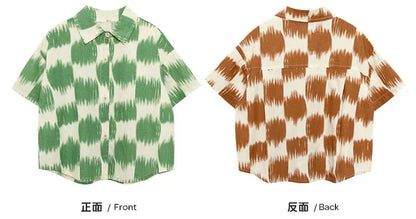 キッズ半袖シャツ2色セット、グリーン＆ブラウンのチェック風プリント