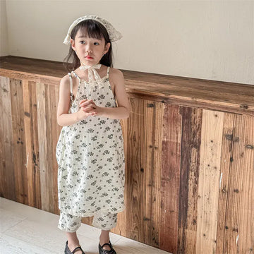 ノースリーブワンピース キッズワンピース キャミソールサマードレス フラワー小花柄プリント 2カラー