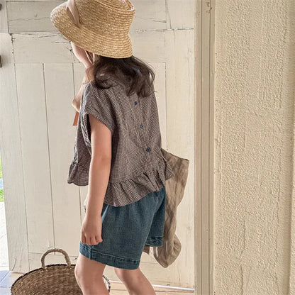 タンクトップ・キャミソール・ノースリーブトップス キッズトップス ノースリーブペプラムフリルブラウス チェック 2カラー