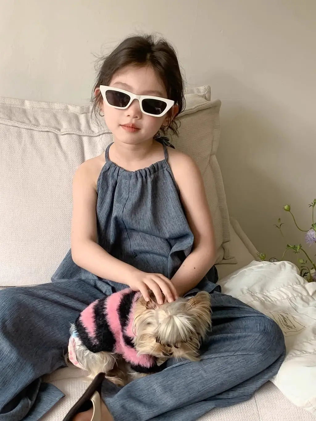 ノースリーブセットアップ キッズセットアップ 2点セット キャミソールチュニックブラウス+ワイドルーズタックパンツ