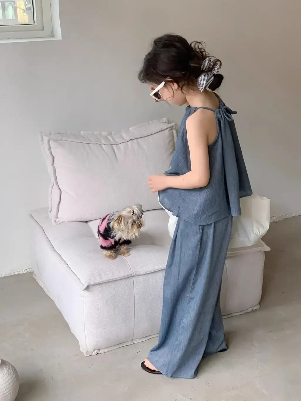 ノースリーブセットアップ キッズセットアップ 2点セット キャミソールチュニックブラウス+ワイドルーズタックパンツ