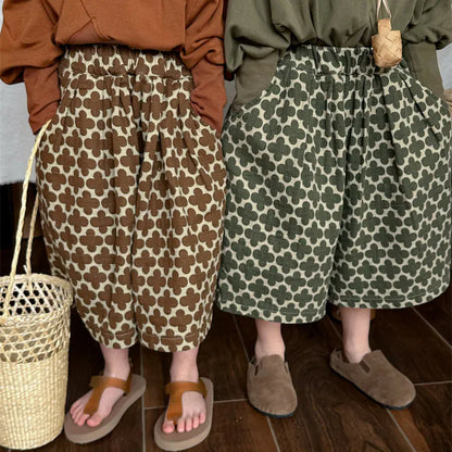 ロングパンツ・スウェットパンツ キッズパンツ ワイドルーズ クロップドパンツ レトロ北欧風フラワープリント 2カラー