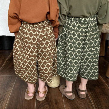 ロングパンツ・スウェットパンツ キッズパンツ ワイドルーズ クロップドパンツ レトロ北欧風フラワープリント 2カラー