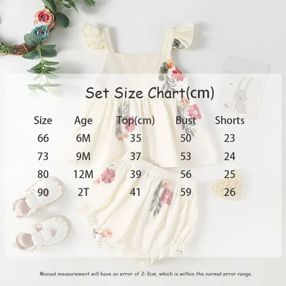 半袖ロンパース ベビーセットアップ 2点セット/ロンパース 半袖パフスリーブボディスーツ/フリルショルダーキャミソールチュニック+ブルマパンツ