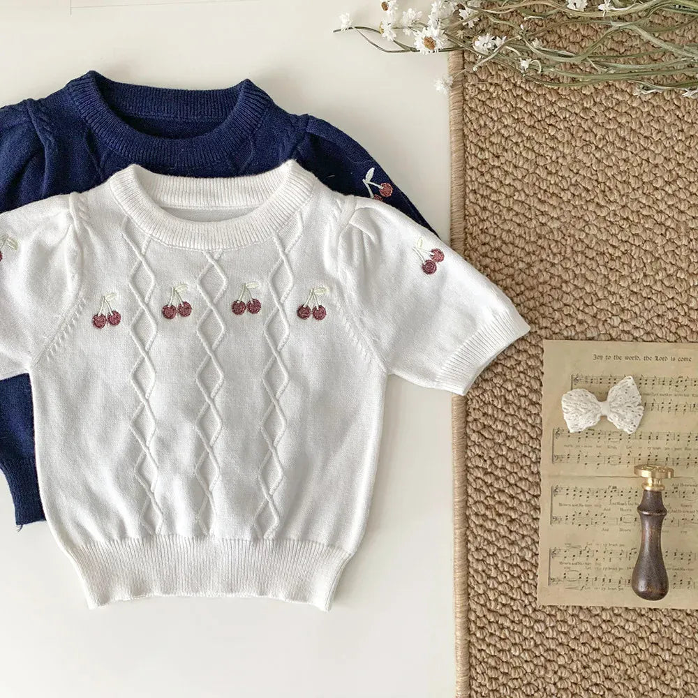 ニット・セーター ベビーキッズトップス サマーニット 半袖サマーセーター チェリー さくらんぼ 刺繍 2カラー
