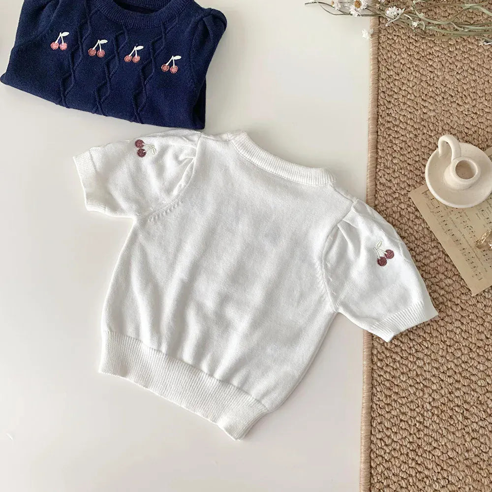 ニット・セーター ベビーキッズトップス サマーニット 半袖サマーセーター チェリー さくらんぼ 刺繍 2カラー