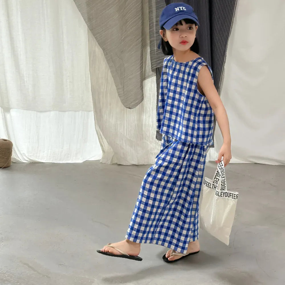 ノースリーブセットアップ ☺︎ キッズセットアップ 2点セット ノースリーブブラウス+ワイドレッグパンツ チェック ブルー
