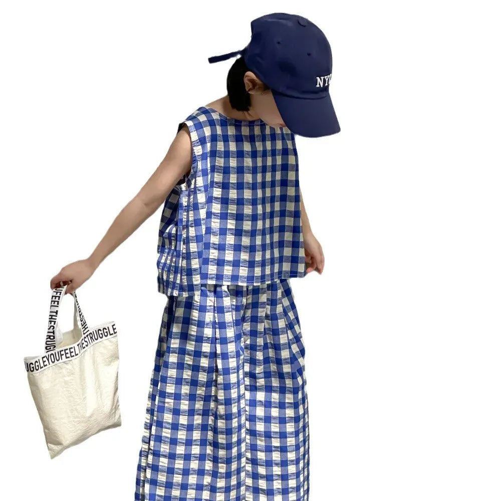 ノースリーブセットアップ ☺︎ キッズセットアップ 2点セット ノースリーブブラウス+ワイドレッグパンツ チェック ブルー