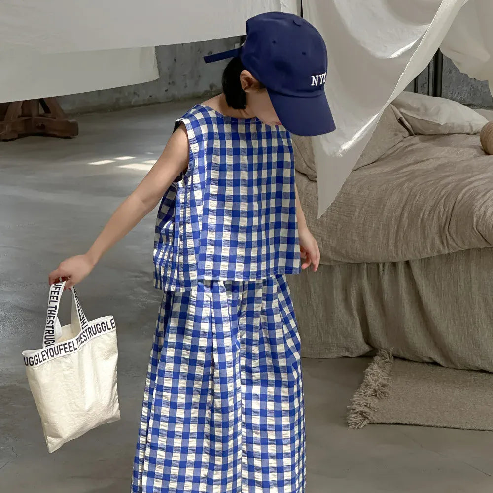 ノースリーブセットアップ ☺︎ キッズセットアップ 2点セット ノースリーブブラウス+ワイドレッグパンツ チェック ブルー