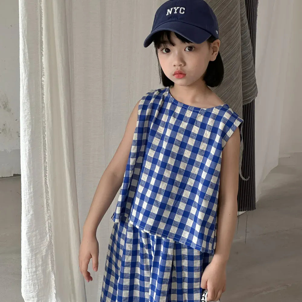 ノースリーブセットアップ ☺︎ キッズセットアップ 2点セット ノースリーブブラウス+ワイドレッグパンツ チェック ブルー