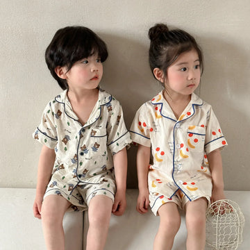 半袖パジャマ キッズパジャマセット 半袖シャツ+ハーフパンツ ベアくま/フルーツプリント 2カラー