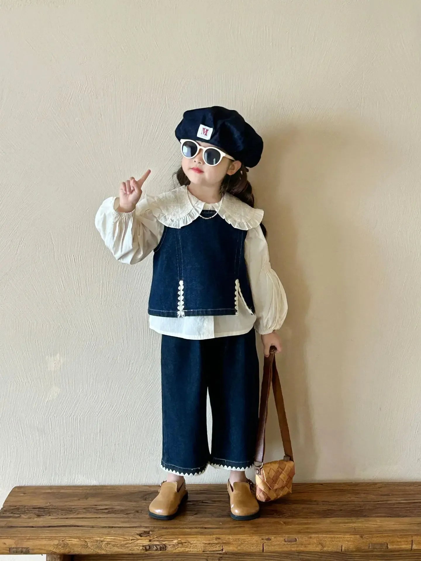 ノースリーブセットアップ キッズデニムセットアップ 2点セット/トップス デニムベスト+ワイドルーズパンツ/長袖ビッグ襟ブラウス