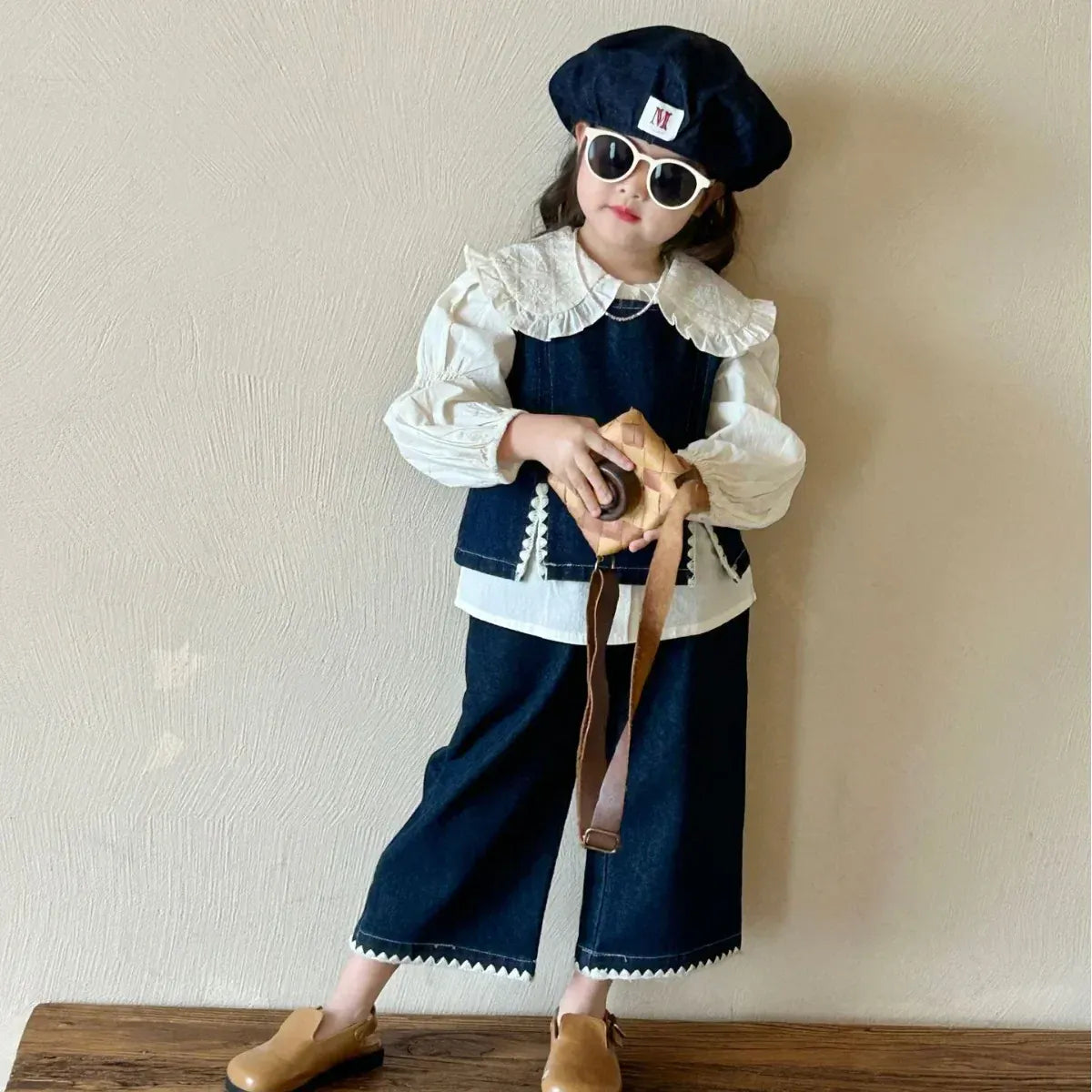 ノースリーブセットアップ キッズデニムセットアップ 2点セット/トップス デニムベスト+ワイドルーズパンツ/長袖ビッグ襟ブラウス