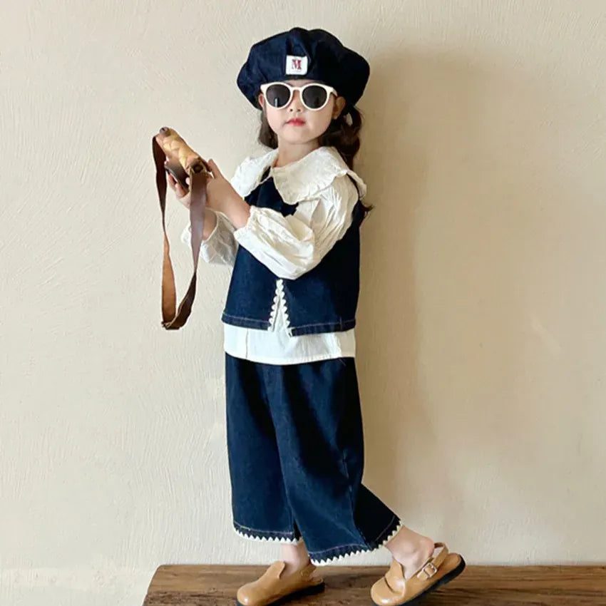 ノースリーブセットアップ キッズデニムセットアップ 2点セット/トップス デニムベスト+ワイドルーズパンツ/長袖ビッグ襟ブラウス