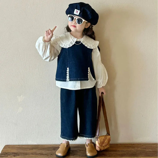 ノースリーブセットアップ キッズデニムセットアップ 2点セット/トップス デニムベスト+ワイドルーズパンツ/長袖ビッグ襟ブラウス