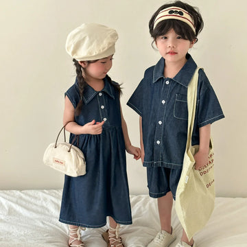 半袖セットアップ キッズセットアップ 2点セット/ワンピース ボーイズ半袖シャツ+ショートパンツ/ガールズノースリーブワンピース デニム リンクコーデ 兄弟姉妹 お揃いコーデ