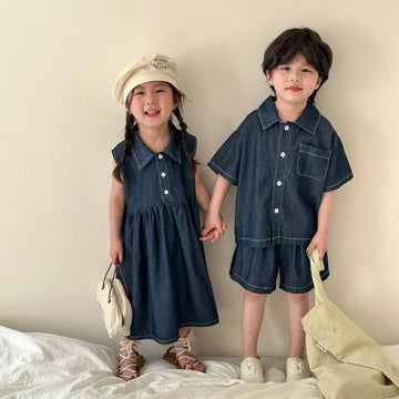 半袖セットアップ キッズセットアップ 2点セット/ワンピース ボーイズ半袖シャツ+ショートパンツ/ガールズノースリーブワンピース デニム リンクコーデ 兄弟姉妹 お揃いコーデ