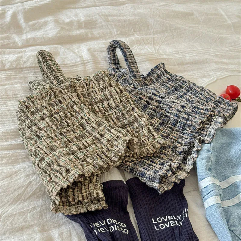 タンクトップ・キャミソール・ノースリーブトップス キッズトップス プリーツ シャーリング キャミソール ブラウス チェック 2カラー