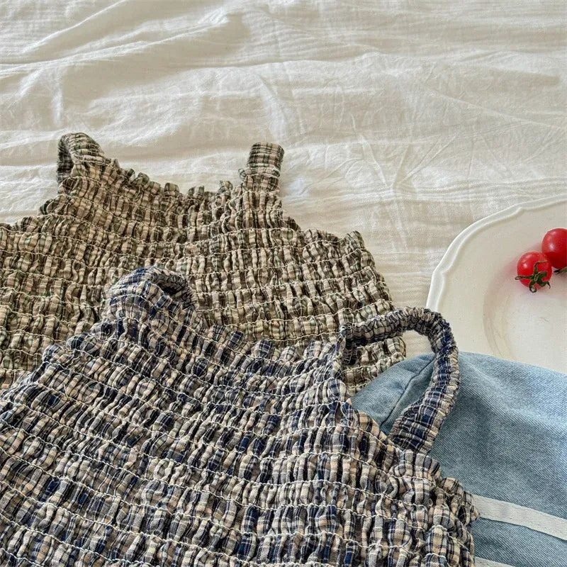 タンクトップ・キャミソール・ノースリーブトップス キッズトップス プリーツ シャーリング キャミソール ブラウス チェック 2カラー