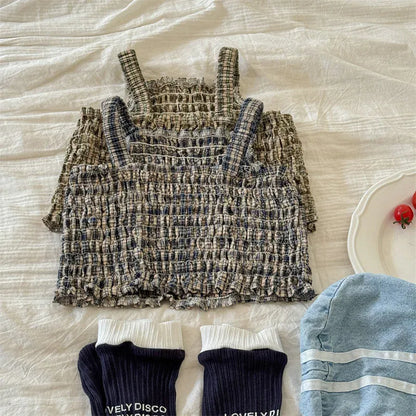 タンクトップ・キャミソール・ノースリーブトップス キッズトップス プリーツ シャーリング キャミソール ブラウス チェック 2カラー