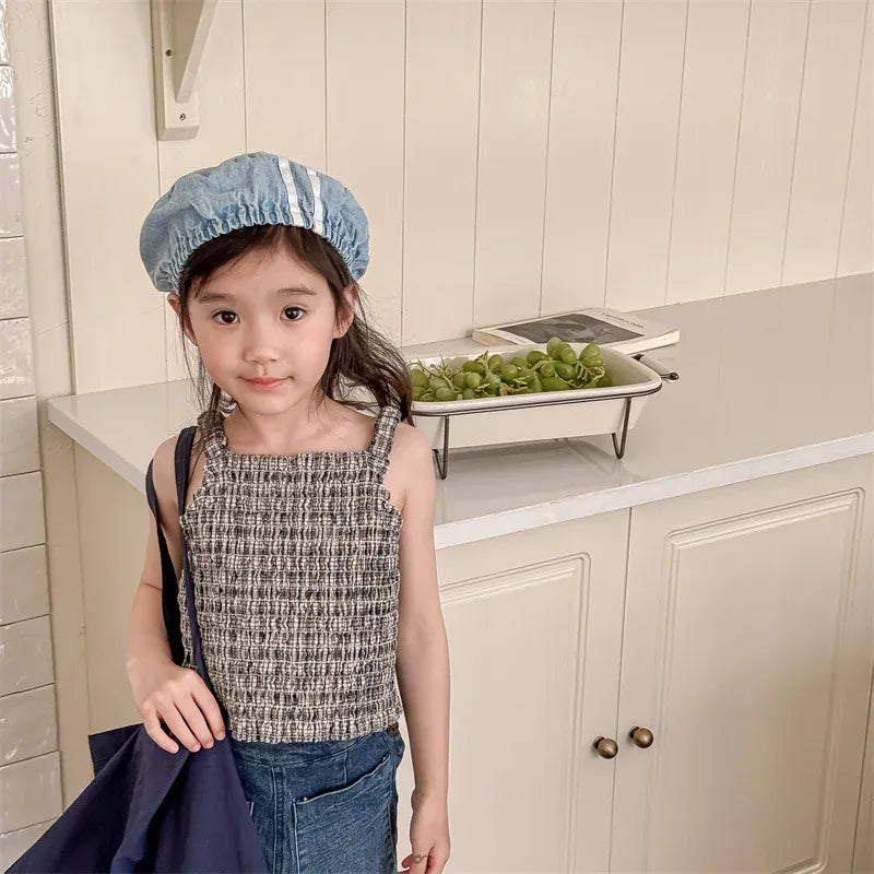 タンクトップ・キャミソール・ノースリーブトップス キッズトップス プリーツ シャーリング キャミソール ブラウス チェック 2カラー