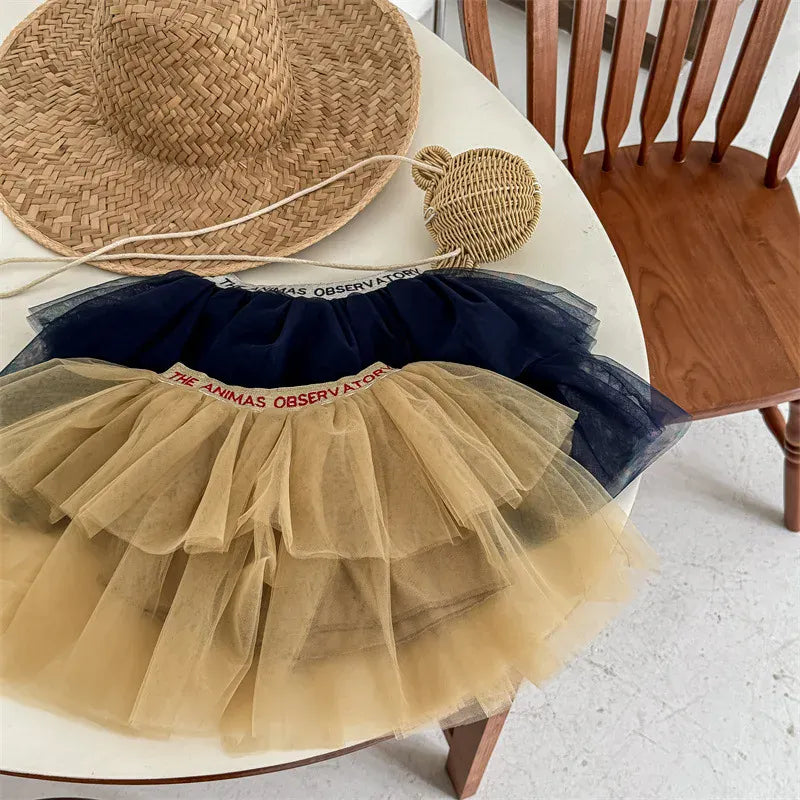 スカート キッズスカート チュチュ チュールスカート ティアードスカート レターロゴウエスト 2カラー