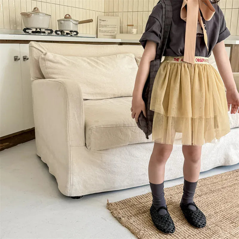 スカート キッズスカート チュチュ チュールスカート ティアードスカート レターロゴウエスト 2カラー