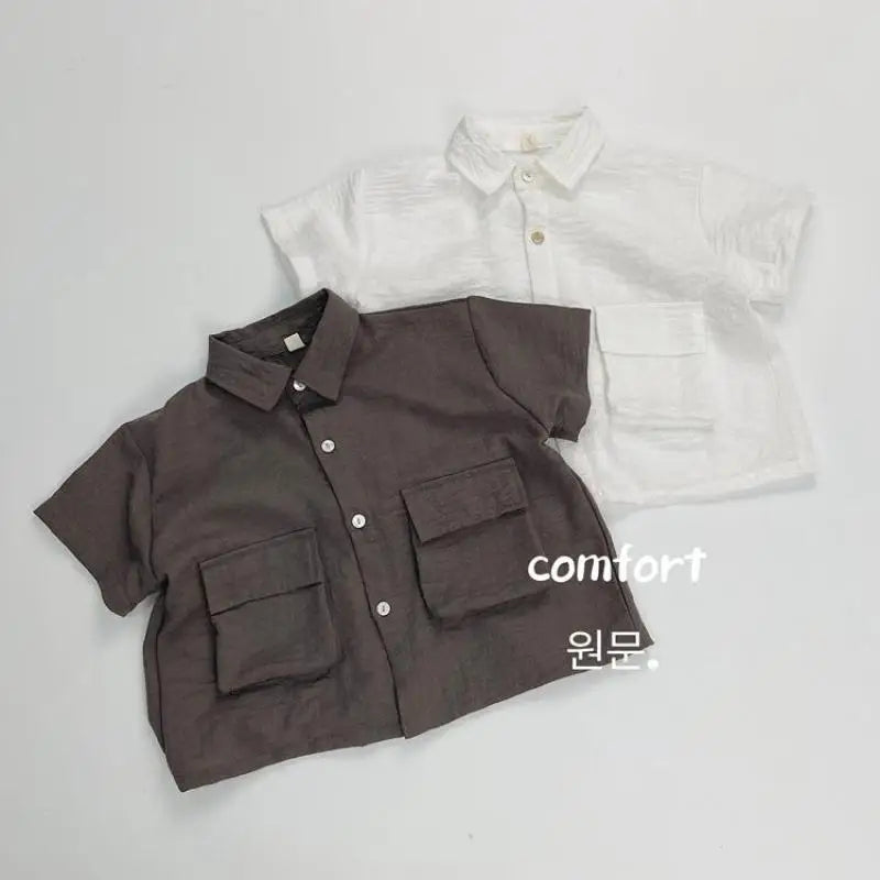 半袖シャツ・ブラウス キッズトップス コットンリネン 半袖シャツ サファリシャツ 2カラー