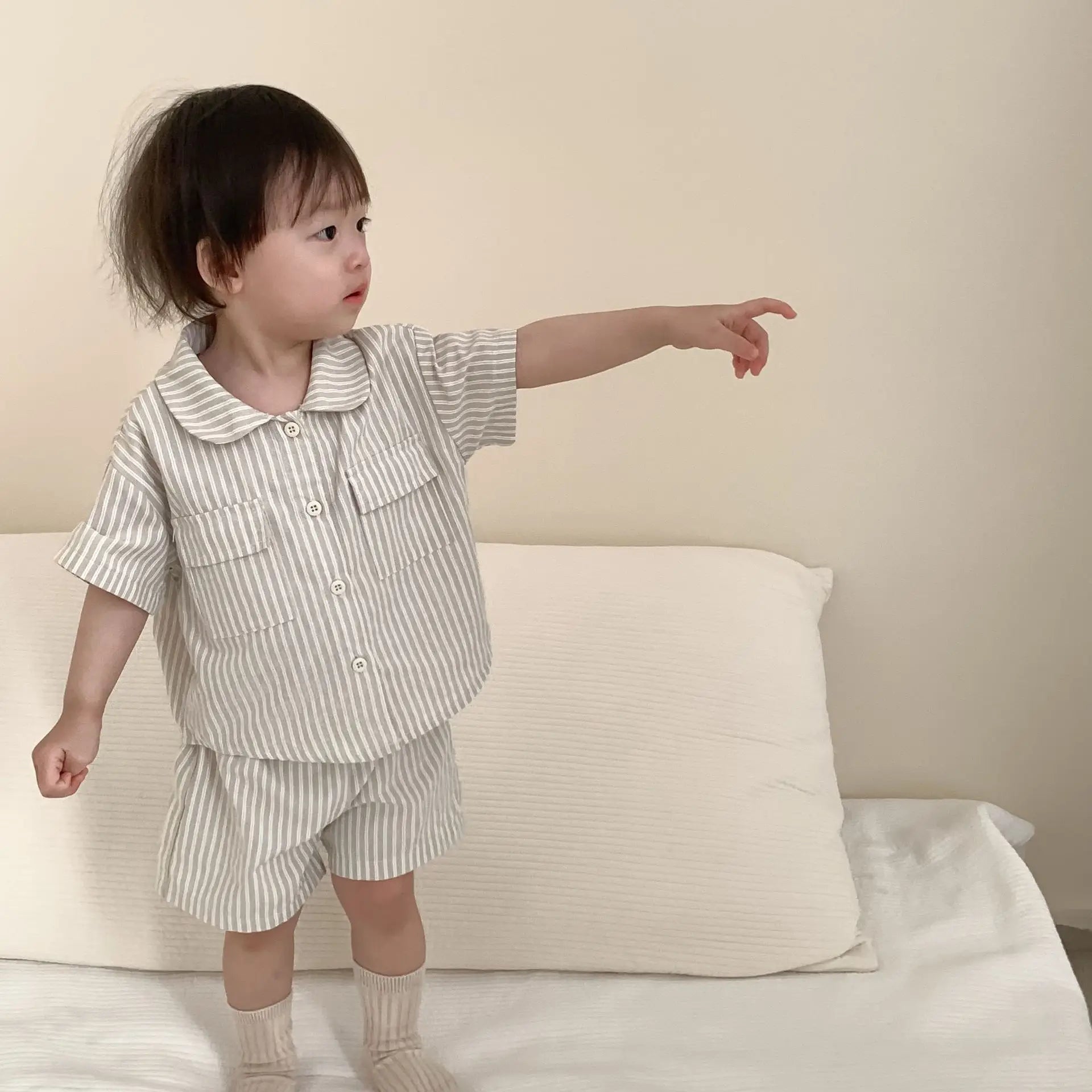 半袖セットアップ ベビーキッズセットアップ 2点セット 半袖シャツ+ショートパンツ チェック ストライプ
