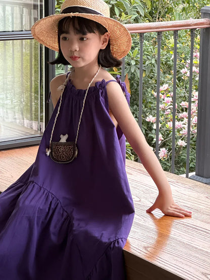 半袖セットアップ キッズセットアップ 2点セット/ワンピース ボーイズ半袖シャツ+ショートパンツ/ガールズキャミワンピ  パープルフラワー無地 リンクコーデ 兄弟姉妹 お揃いコーデ