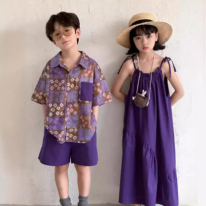 半袖セットアップ キッズセットアップ 2点セット/ワンピース ボーイズ半袖シャツ+ショートパンツ/ガールズキャミワンピ  パープルフラワー無地 リンクコーデ 兄弟姉妹 お揃いコーデ