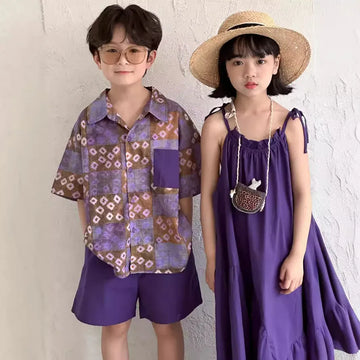半袖セットアップ キッズセットアップ 2点セット/ワンピース ボーイズ半袖シャツ+ショートパンツ/ガールズキャミワンピ  パープルフラワー無地 リンクコーデ 兄弟姉妹 お揃いコーデ