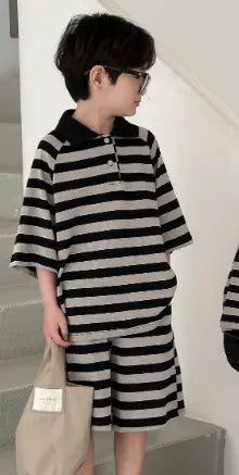 半袖セットアップ キッズセットアップ 2点セット/ワンピース ボーイズ半袖ポロシャツ+ショートパンツ/ガールズ半袖ポロワンピ  ボーダー リンクコーデ 兄弟姉妹 お揃いコーデ