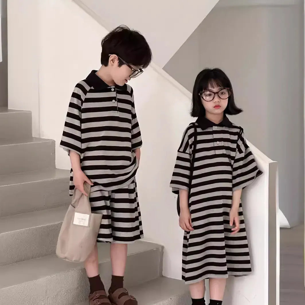 半袖セットアップ キッズセットアップ 2点セット/ワンピース ボーイズ半袖ポロシャツ+ショートパンツ/ガールズ半袖ポロワンピ  ボーダー リンクコーデ 兄弟姉妹 お揃いコーデ