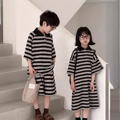 半袖セットアップ キッズセットアップ 2点セット/ワンピース ボーイズ半袖ポロシャツ+ショートパンツ/ガールズ半袖ポロワンピ  ボーダー リンクコーデ 兄弟姉妹 お揃いコーデ