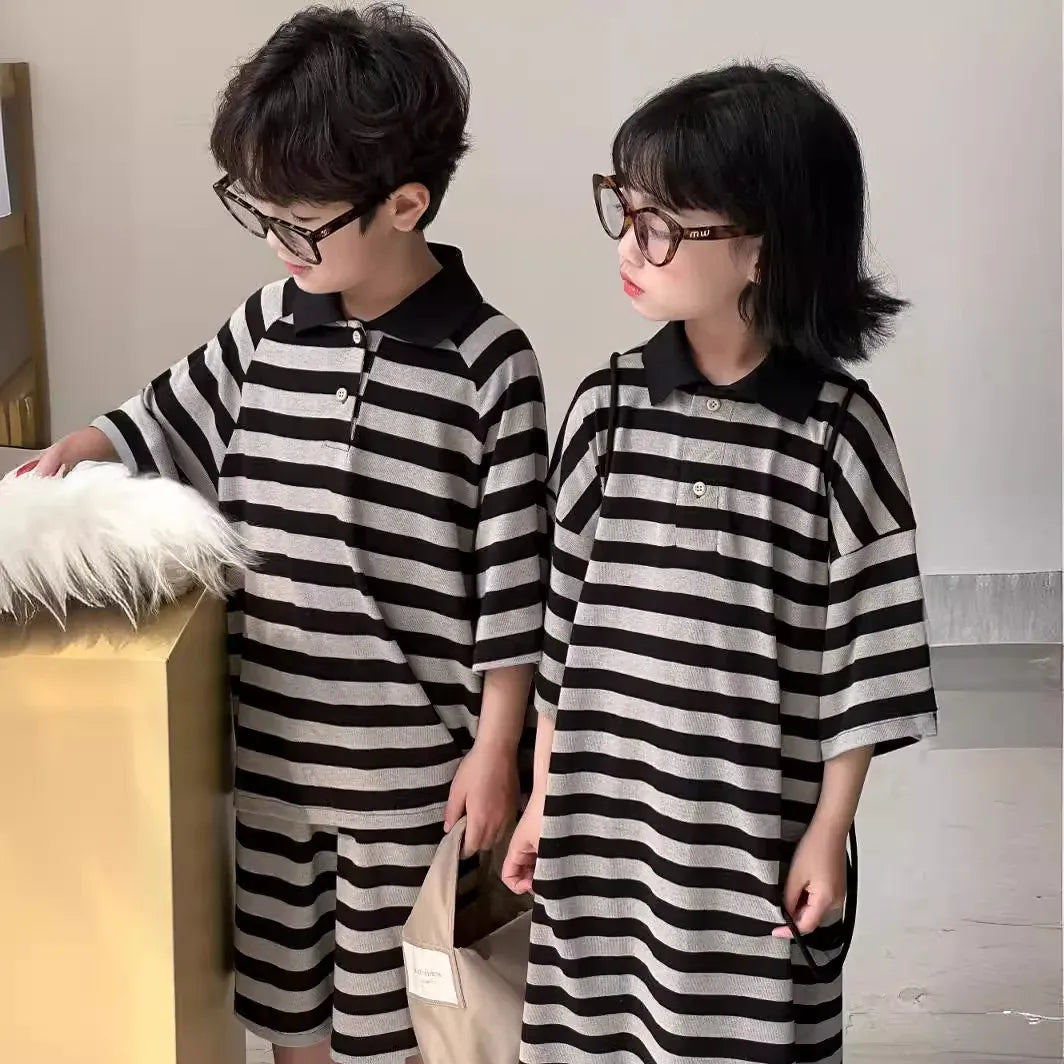半袖セットアップ キッズセットアップ 2点セット/ワンピース ボーイズ半袖ポロシャツ+ショートパンツ/ガールズ半袖ポロワンピ  ボーダー リンクコーデ 兄弟姉妹 お揃いコーデ