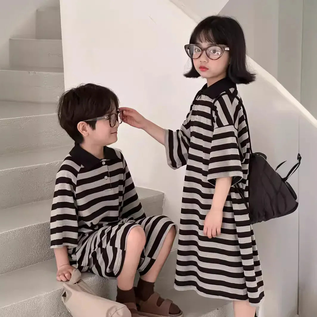 半袖セットアップ キッズセットアップ 2点セット/ワンピース ボーイズ半袖ポロシャツ+ショートパンツ/ガールズ半袖ポロワンピ  ボーダー リンクコーデ 兄弟姉妹 お揃いコーデ
