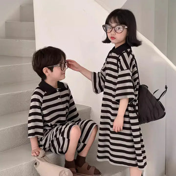 半袖セットアップ キッズセットアップ 2点セット/ワンピース ボーイズ半袖ポロシャツ+ショートパンツ/ガールズ半袖ポロワンピ  ボーダー リンクコーデ 兄弟姉妹 お揃いコーデ