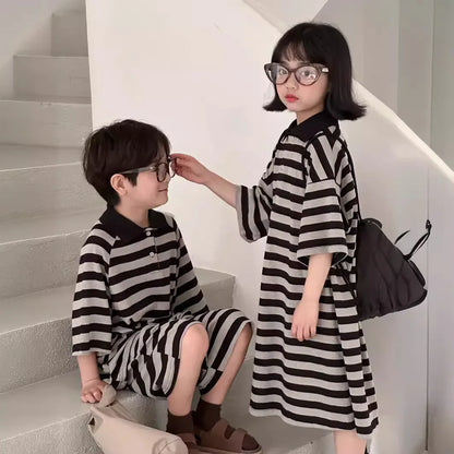半袖セットアップ キッズセットアップ 2点セット/ワンピース ボーイズ半袖ポロシャツ+ショートパンツ/ガールズ半袖ポロワンピ  ボーダー リンクコーデ 兄弟姉妹 お揃いコーデ