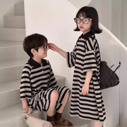 半袖セットアップ キッズセットアップ 2点セット/ワンピース ボーイズ半袖ポロシャツ+ショートパンツ/ガールズ半袖ポロワンピ  ボーダー リンクコーデ 兄弟姉妹 お揃いコーデ