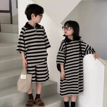 半袖セットアップ キッズセットアップ 2点セット/ワンピース ボーイズ半袖ポロシャツ+ショートパンツ/ガールズ半袖ポロワンピ  ボーダー リンクコーデ 兄弟姉妹 お揃いコーデ