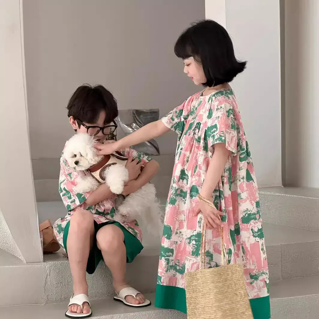 半袖セットアップ キッズセットアップ 2点セット/ワンピース ボーイズ半袖シャツ+ショートパンツ/ガールズ半袖ワンピース リゾートフラワープリント リンクコーデ 兄弟姉妹 お揃いコーデ