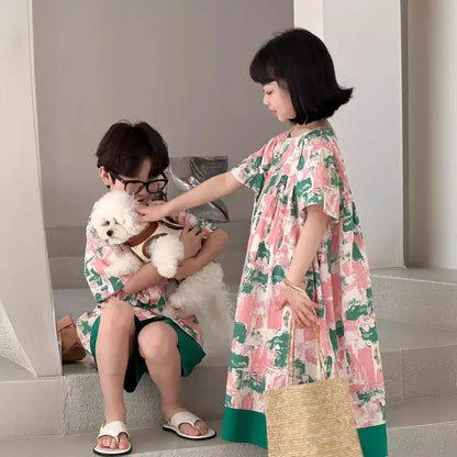半袖セットアップ キッズセットアップ 2点セット/ワンピース ボーイズ半袖シャツ+ショートパンツ/ガールズ半袖ワンピース リゾートフラワープリント リンクコーデ 兄弟姉妹 お揃いコーデ