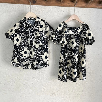 半袖セットアップ キッズセットアップ 2点セット/ワンピース ボーイズ半袖シャツ+ショートパンツ/ガールズ半袖パフスリーブワンピース 北欧風フラワープリント リンクコーデ 兄弟姉妹 お揃いコーデ