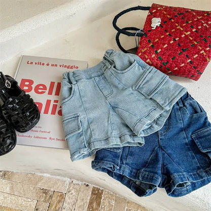 ハーフパンツ・ショートパンツ キッズパンツ デニム カーゴ ポケット ショートパンツ 2カラー