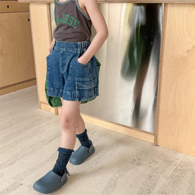 ハーフパンツ・ショートパンツ キッズパンツ デニム カーゴ ポケット ショートパンツ 2カラー