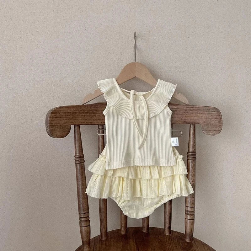 ノースリーブセットアップ ベビーセットアップ 2点セット サークル襟ノースリーブトップス+フリルブルマパンツ ベージュ
