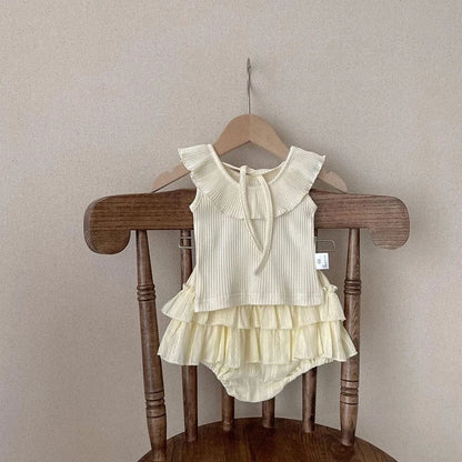 ノースリーブセットアップ ベビーセットアップ 2点セット サークル襟ノースリーブトップス+フリルブルマパンツ ベージュ