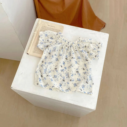 半袖セットアップ ベビーセットアップ 2点セット 半袖フラワープリントブラウス+レースフリルデニムブルマパンツ