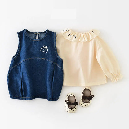 長袖セットアップ キッズセットアップ 2点セット 長袖フリル襟ブラウス+デニムノースリーブコクーンスカートワンピース